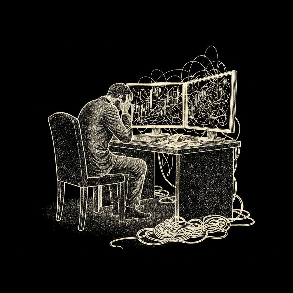 Trader frustrato a desk caotico
